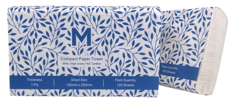 Compact white paper towels, 1-ply, 200mm x 250mm, pack of 2400; perfect for efficient cleaning in tight spaces.