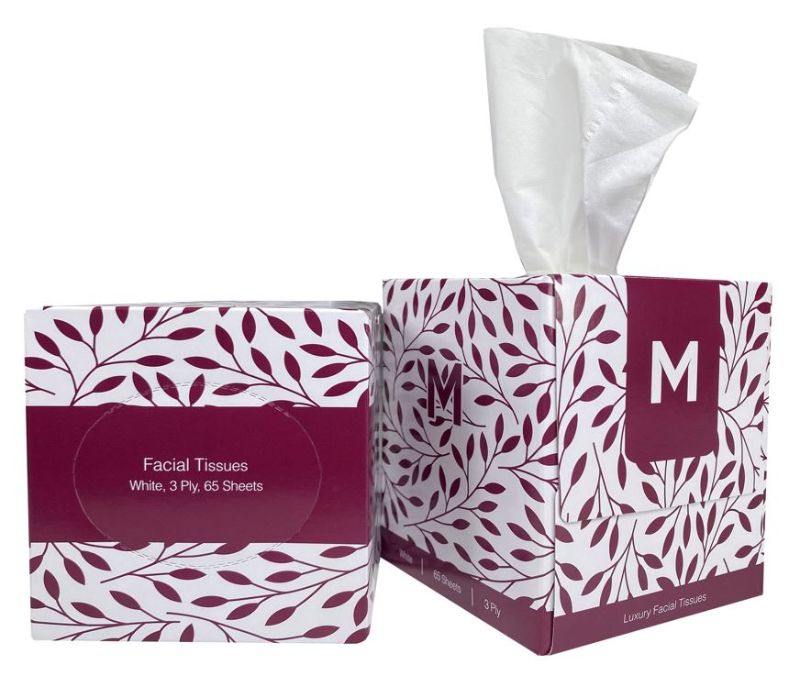Cube Facial Tissues in a stylish white cube, 3-ply, 65 sheets, hypoallergenic, and FSC certified for eco-friendly softness.