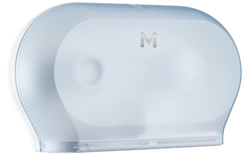 Transparent double mini jumbo roll dispenser ensures continuous tissue supply, ideal for high traffic restrooms, with lockable cover.