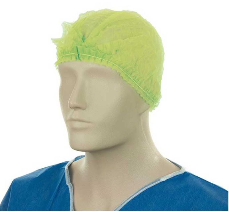 Yellow polypropylene crimp hats, 530mm wide, 12gsm, pack of 1000, ideal for hygienic settings like salons and kitchens.