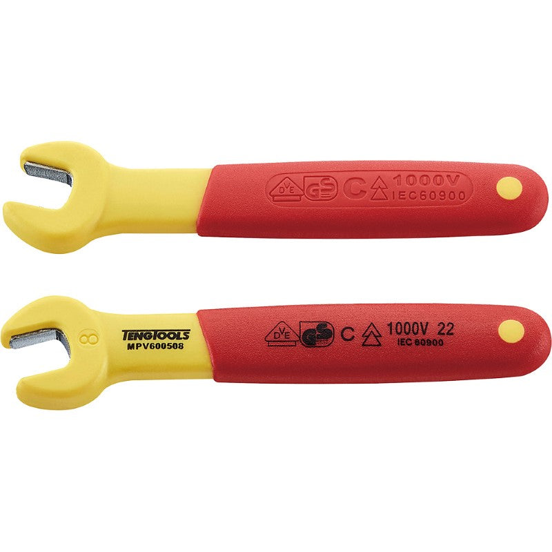 Teng Insulated Spanner 8mm designed for safe use on live circuits, rated up to 1000 volts, with a non-slip handle.