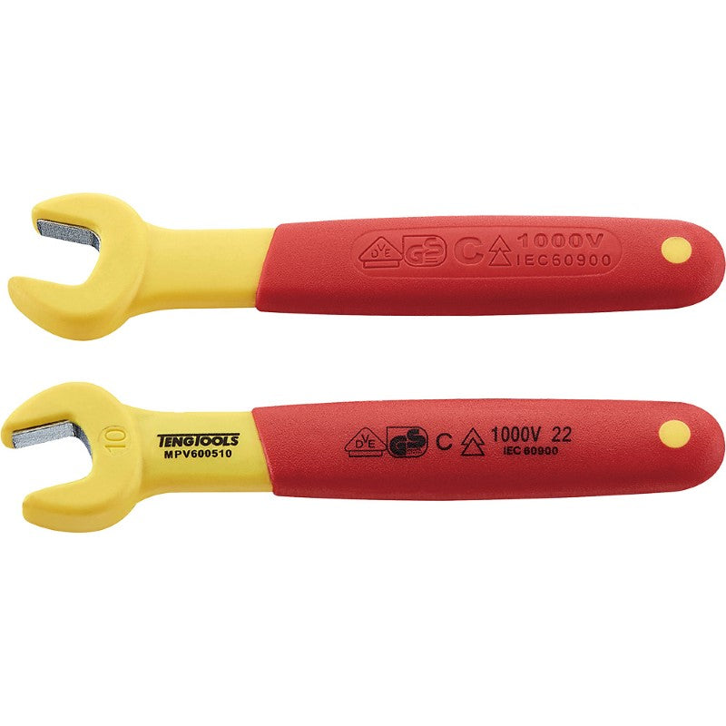 Teng Insulated Spanner 10mm, safe for live circuits up to 1000V, featuring a non-slip handle and durable chrome vanadium steel.