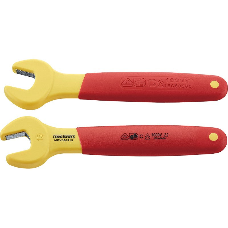 Teng Insulated Spanner 15mm for electric work, safe up to 1000V, features non-slip grip and 15° open offset design.