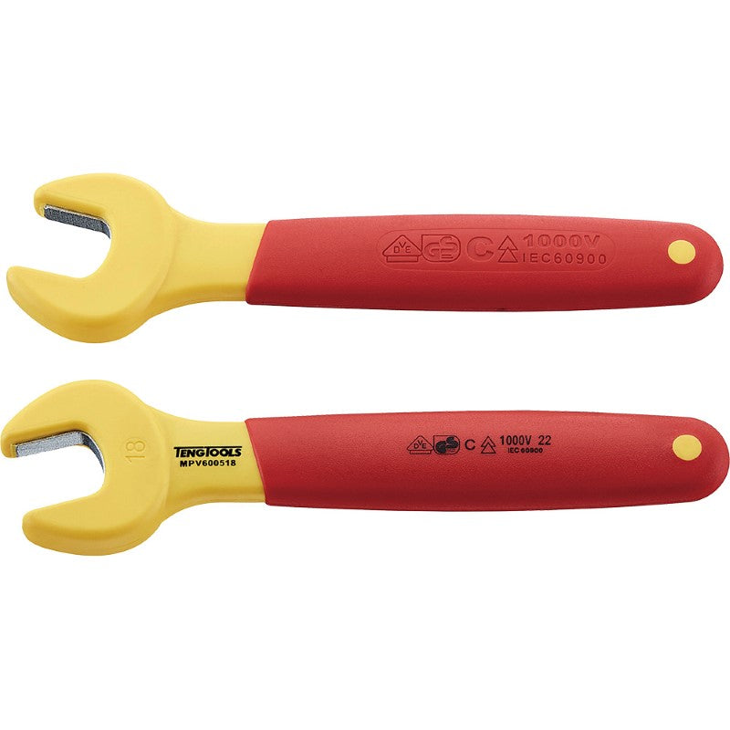 Teng Insulated Spanner 18mm, VDE-approved tool for live circuits with 1000V protection, 15° offset for easier maneuverability.