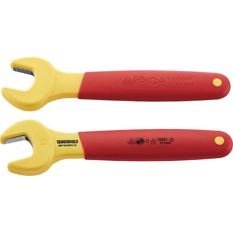 Teng Insulated Spanner 19mm for safe electrical work, tested to 1000V, with a nonslip handle and 15° open offset design.