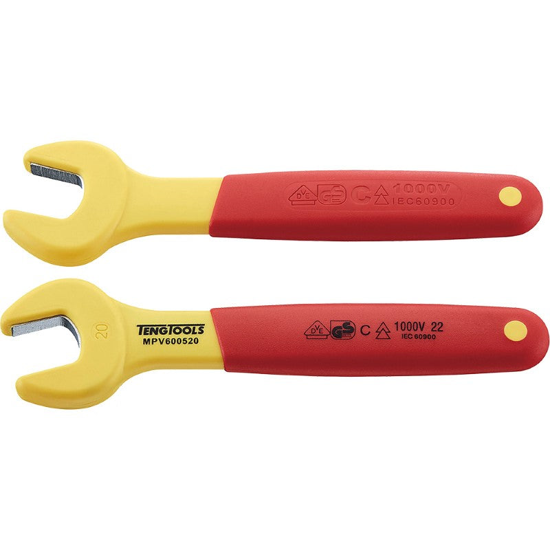 Teng Insulated Spanner 20mm for safe work on live circuits, features 15° offset, chrome vanadium steel, and nonslip handle.