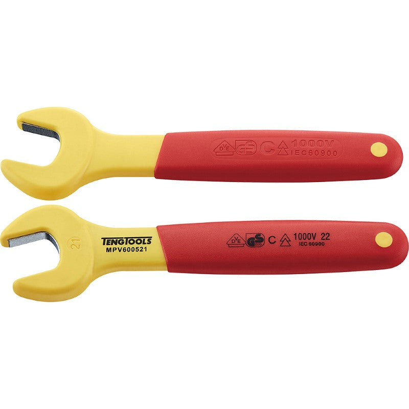 Teng Insulated Spanner 21mm for safe electrical work, rated for 1000 volts, with a non-slip handle and open offset design.