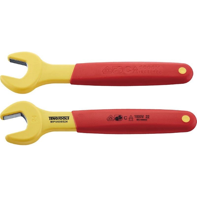 Teng Insulated 24mm spanner for live electrical work, with 1000V rating, non-slip handle, and 15-degree offset design.