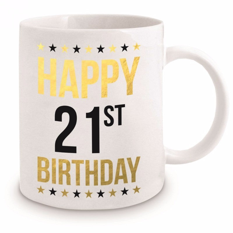 Elegant 21st Birthday Gold Mug in black and gold, perfect for celebrating adulthood; ideal keepsake in a gift box.