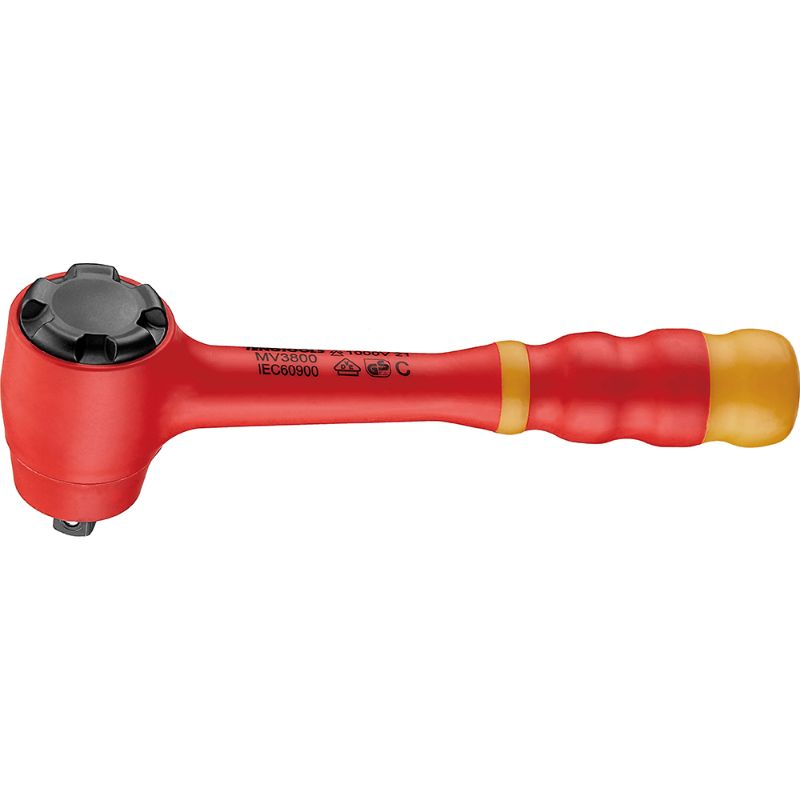 Insulated 3/8in ratchet for live electrical work, offering 72 teeth and twist reverse mechanism for safety and efficiency.