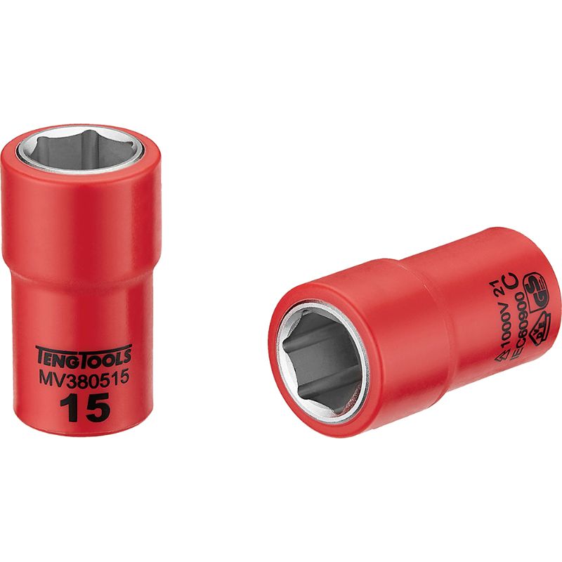 Teng 1000V VDE 3/8in insulated socket, 15mm, safe for live use, durable chrome vanadium, features 6-point grip and color-coded insulation.