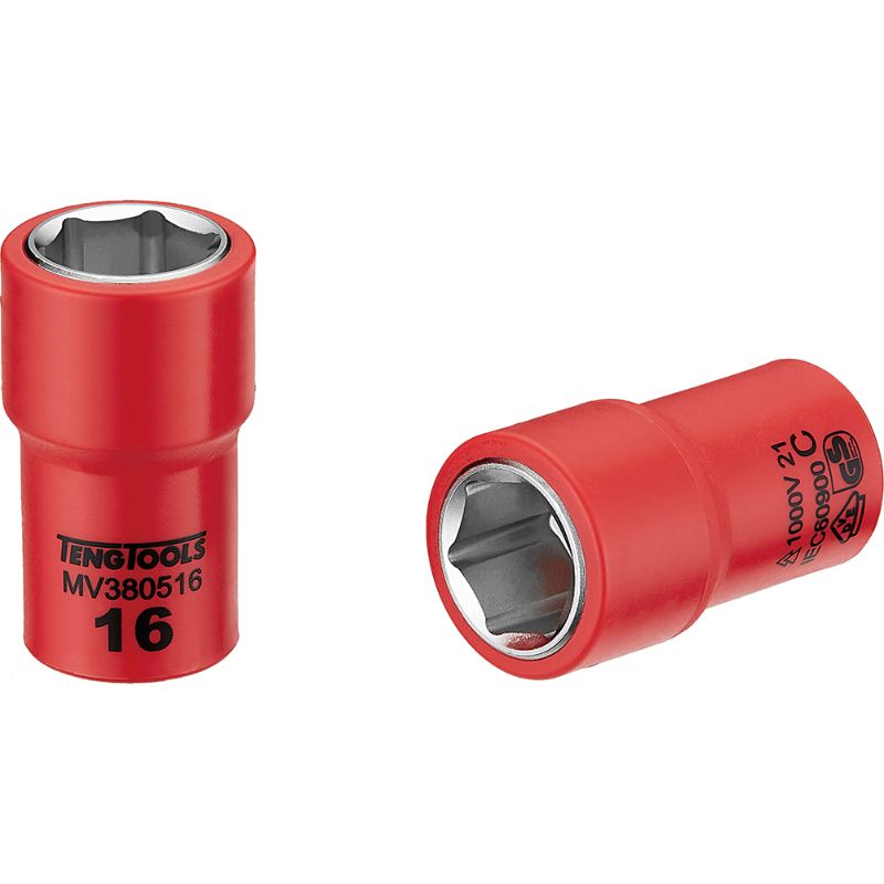 Teng 1000V VDE 3/8in insulated socket, 16mm, safe for live work, durable chrome vanadium, with 6-point grip design.