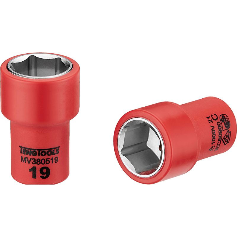 Teng 1000V VDE 19mm insulated socket, rated for 1000 volts, with dual-color insulation and 6-point grip for electrical safety.
