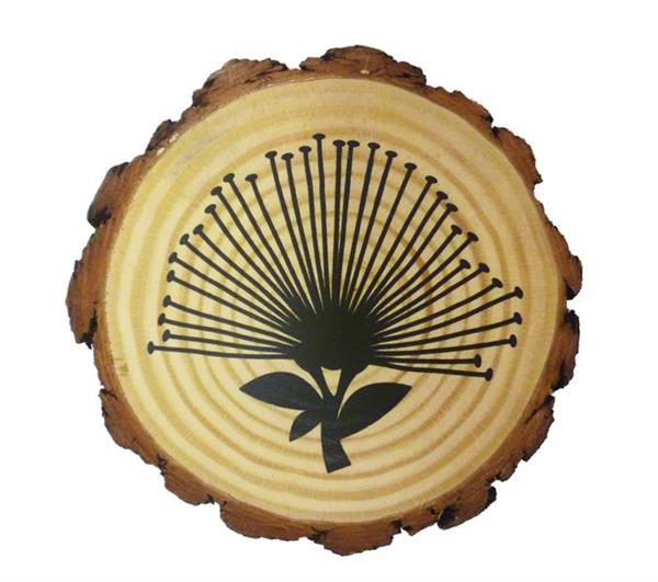 Natural pohutukawa wood tree slice trivet, 16cm diameter, perfect for serving hot dishes elegantly.