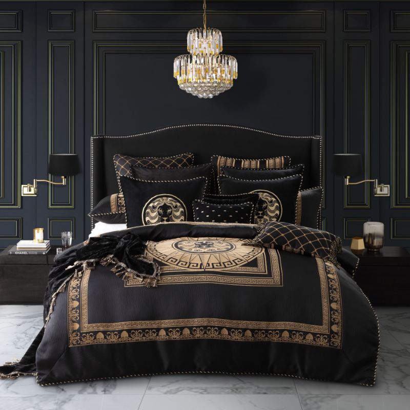 Queen Duvet Cover Set in Massimo Black features regal lions and gold accents for luxurious bedroom decor.