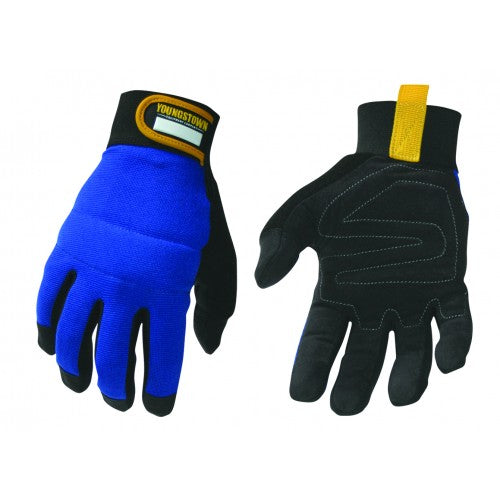 Youngstown Mechanics Plus Work Gloves in Medium, featuring padded palm, moisture-wicking top, and adjustable Velcro closure for comfort.