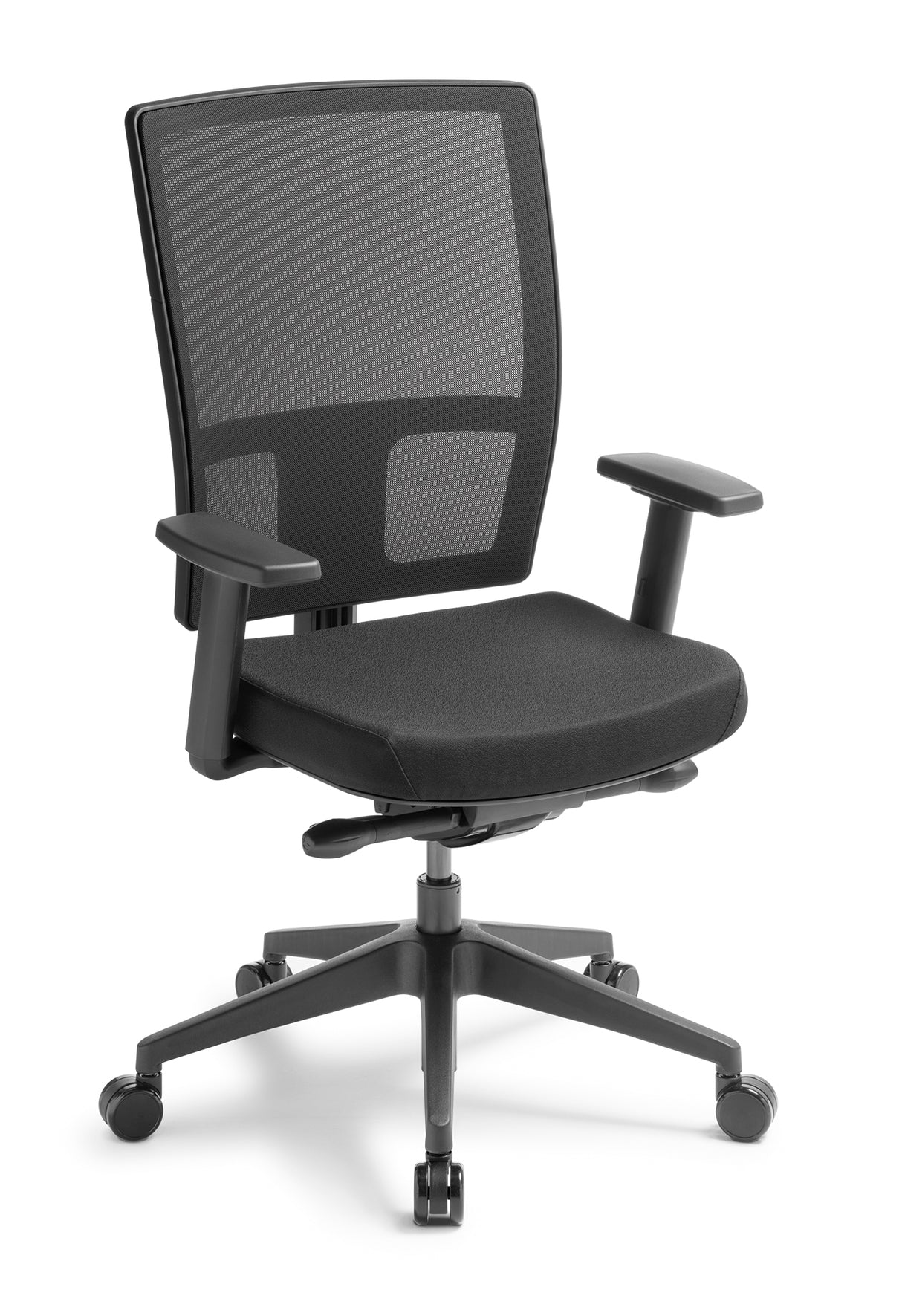 Ergonomic Boardroom Chair in Media Black featuring a mesh back, adjustable lumbar support, and removable armrests.