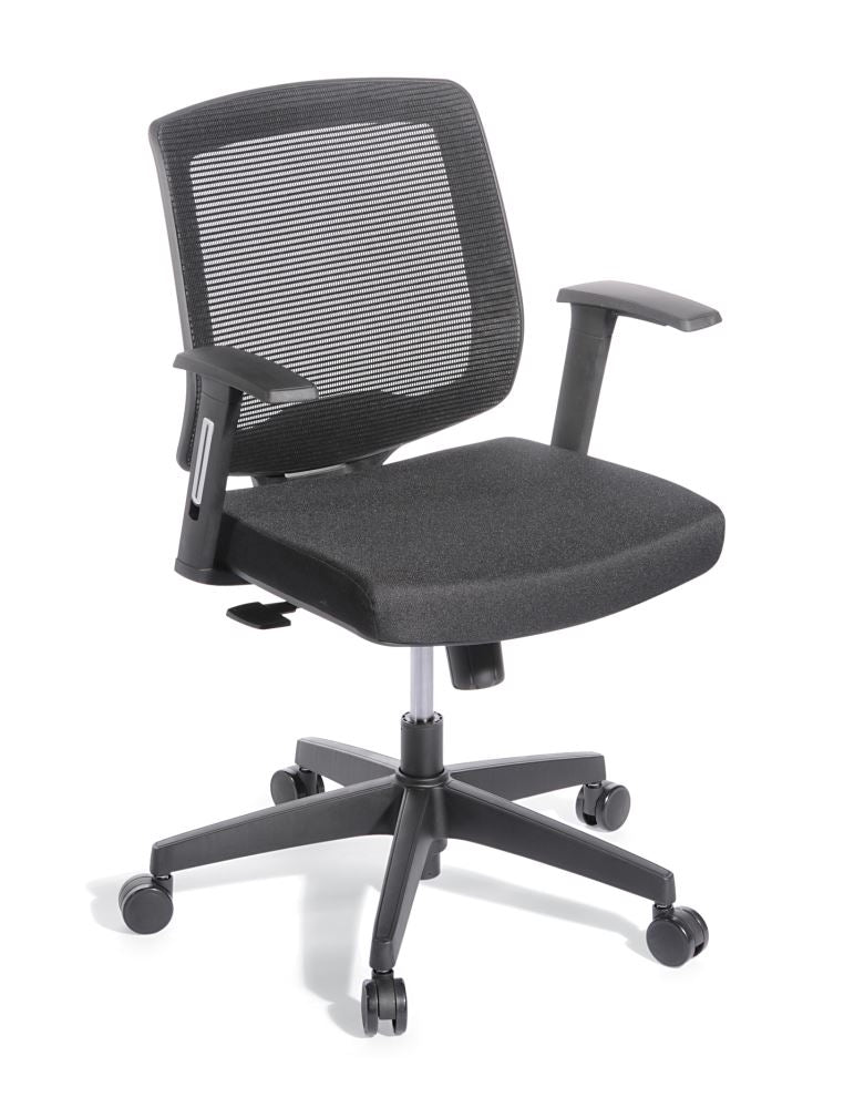 Ergonomic black office chair with mesh back, dynamic tilt, removable armrests, and lumbar support for comfort in meetings.