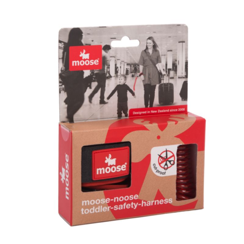 Toddler safety harness in vibrant red, featuring double-velcro, cut-proof design, and 1-meter stretch for secure exploration.