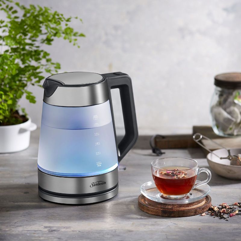 Stylish Sunbeam kettle in brushed stainless steel with 1.7L capacity and rapid 2400W boil, perfect for tea and coffee.
