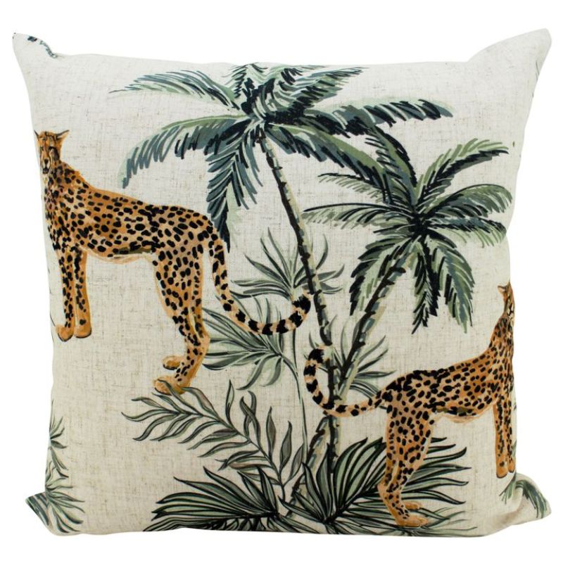 Cheetah Duo Linen Cushion 50x50cm featuring vibrant cheetah print, adding stylish comfort to any living space.