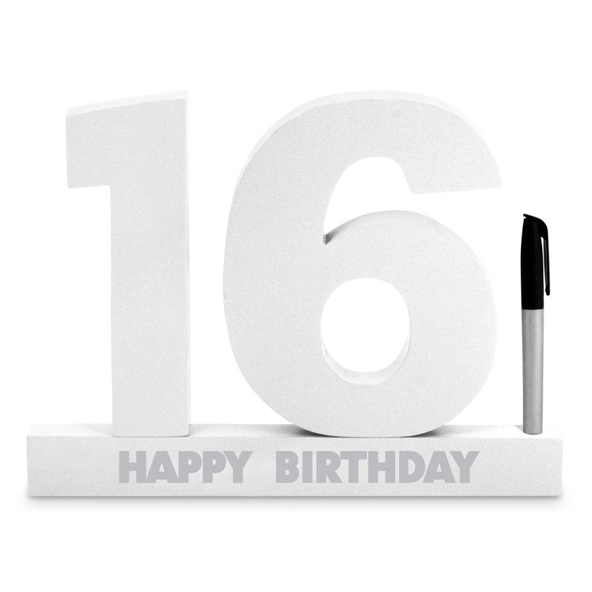 Elegant white 16th birthday sign for guests to leave messages, creating a cherished keepsake for the special celebration.