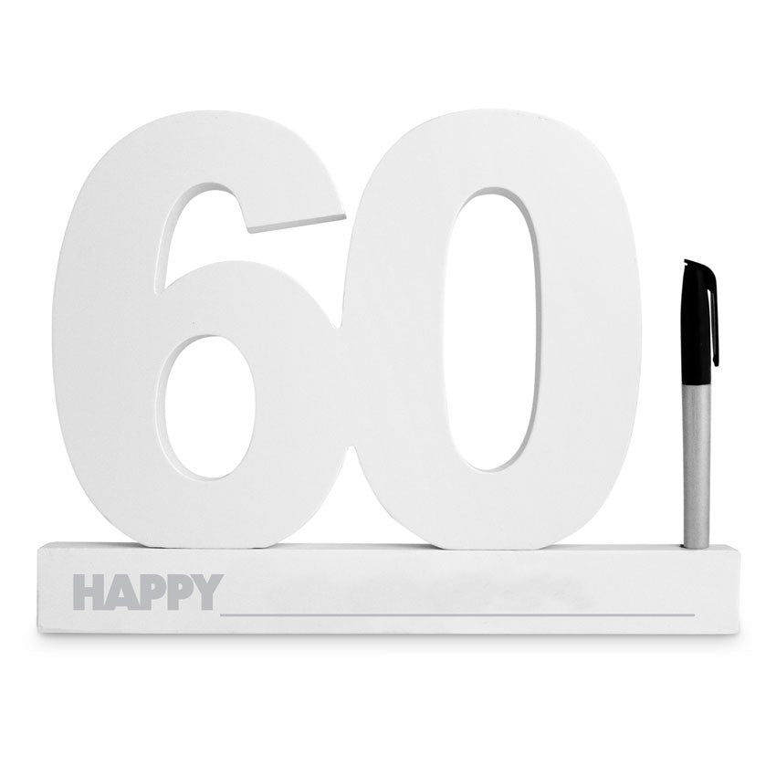 Elegant white 60th birthday sign for guests to leave messages, includes a black marker for heartfelt notes and memories.