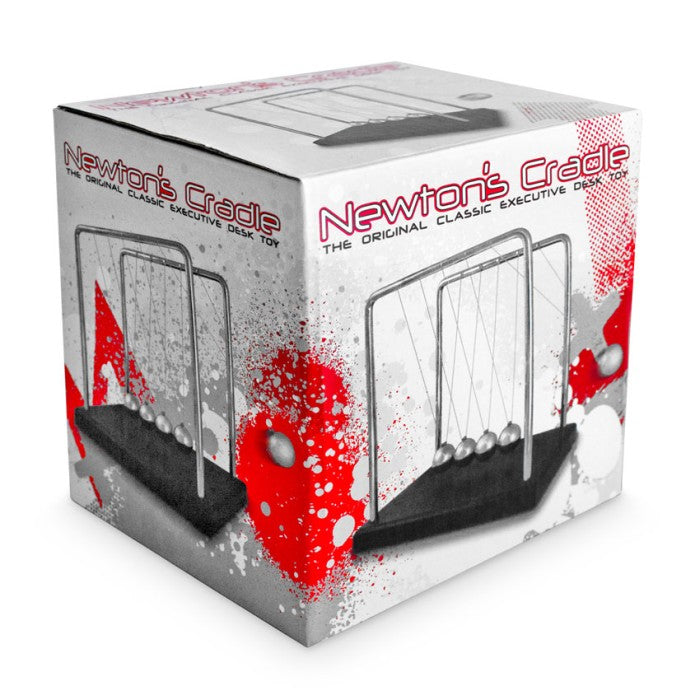 Newtons Cradle with five metal balls, showcasing classic mechanics and Newton's laws in a stylish desktop accessory.