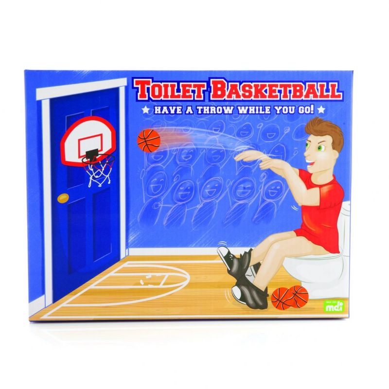 Toilet Basketball set with suction cup hoop, three mini balls, and 'Do Not Disturb' hanger for bathroom fun.