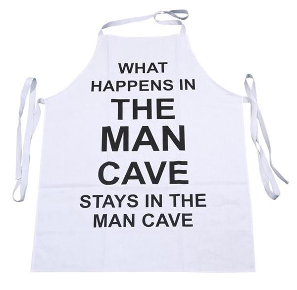 White apron featuring "What Happens In the Man Cave" slogan, perfect gift for cooking enthusiasts and man cave owners.