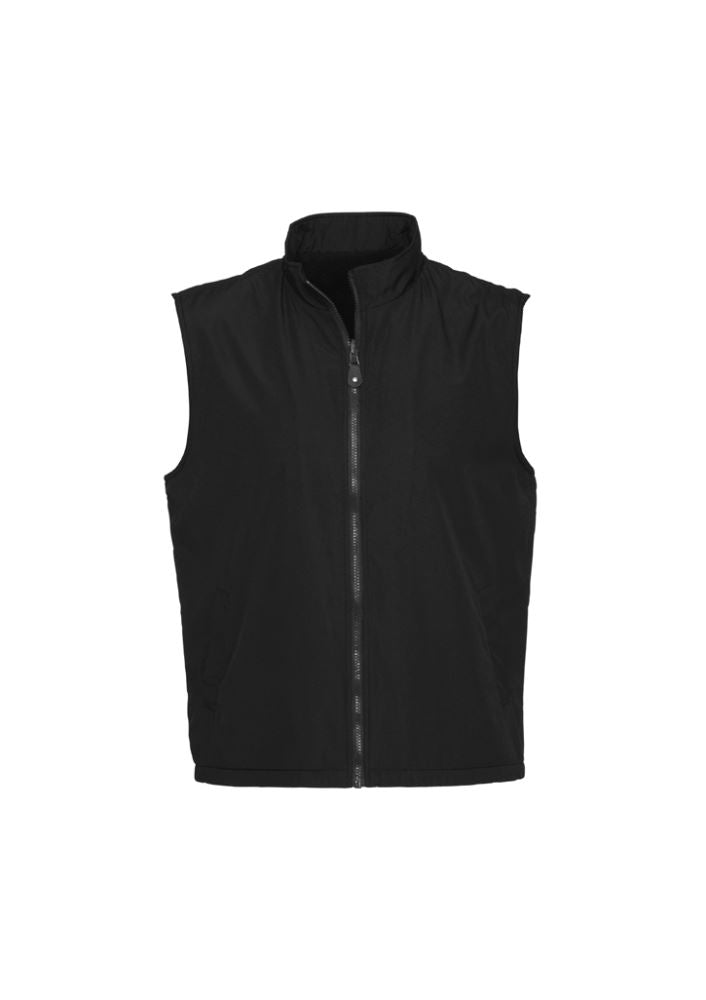 Unisex reversible vest in black, featuring soft micro fleece lining, two side pockets, and adjustable hem for a customizable fit.