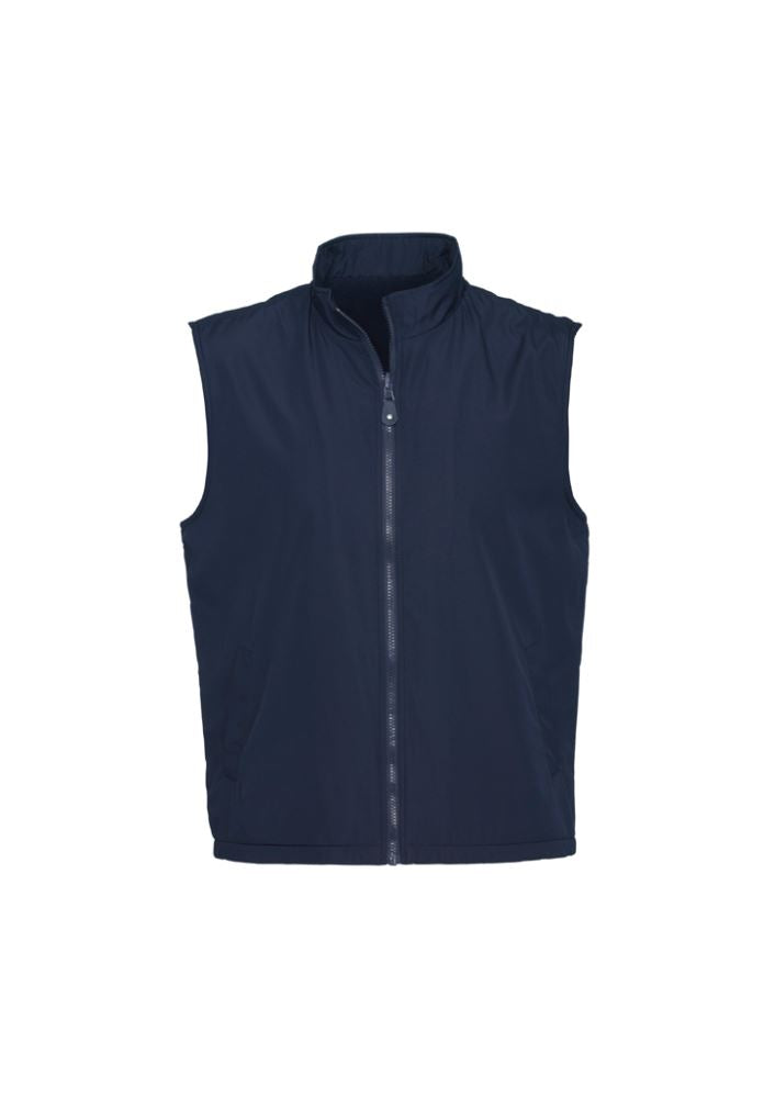 Unisex reversible navy vest with micro fleece lining, adjustable hem, and two pockets, ideal for versatile layering.