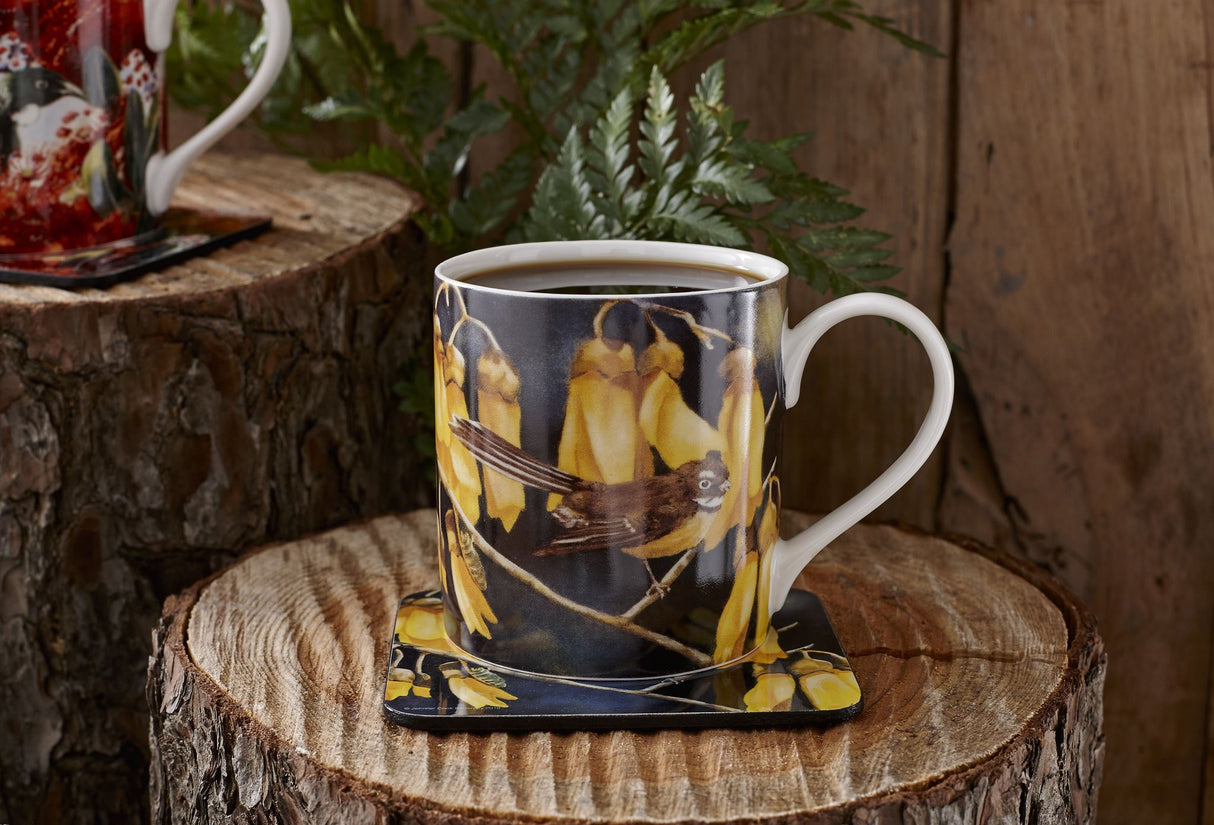 Set of 3 ceramic mugs featuring Kiwi Fantail design by artist Jennifer Cook Battersby, celebrating NZ wildlife and flora.