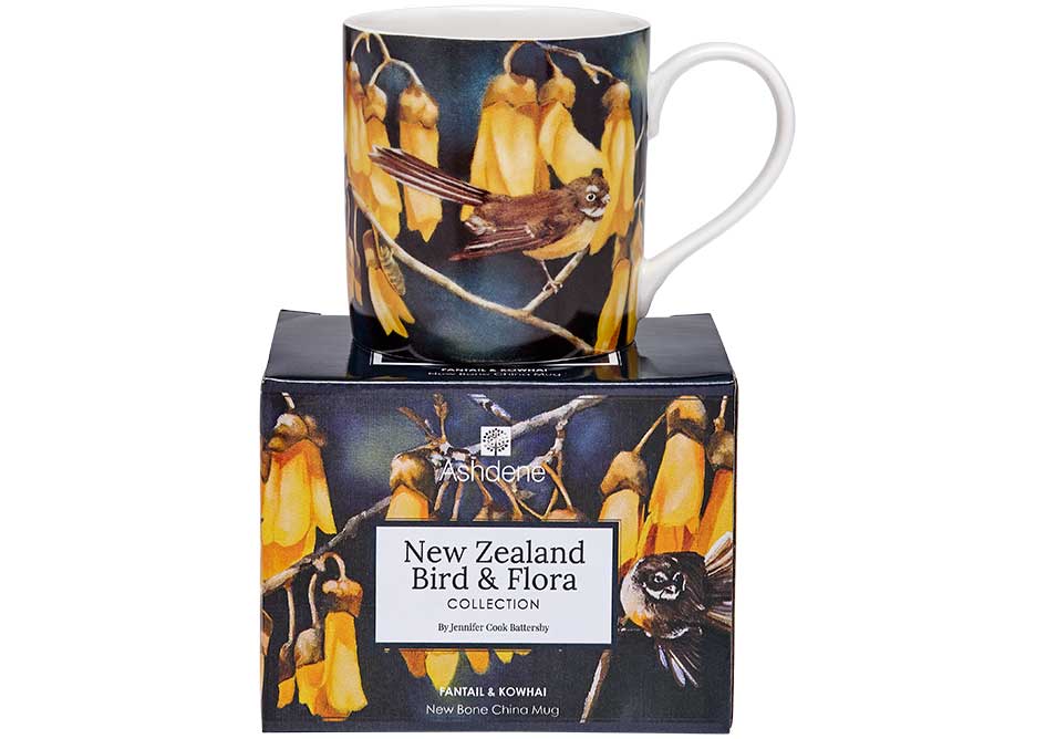Set of 3 Kiwiana mugs featuring NZ Fantail bird designs by Jennifer Cook Battersby, perfect for coffee or tea lovers.