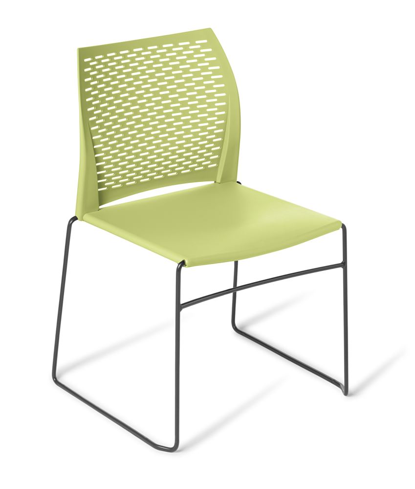 Stackable meeting chair with black frame and avocado seat, featuring a perforated backrest for airflow and modern design.