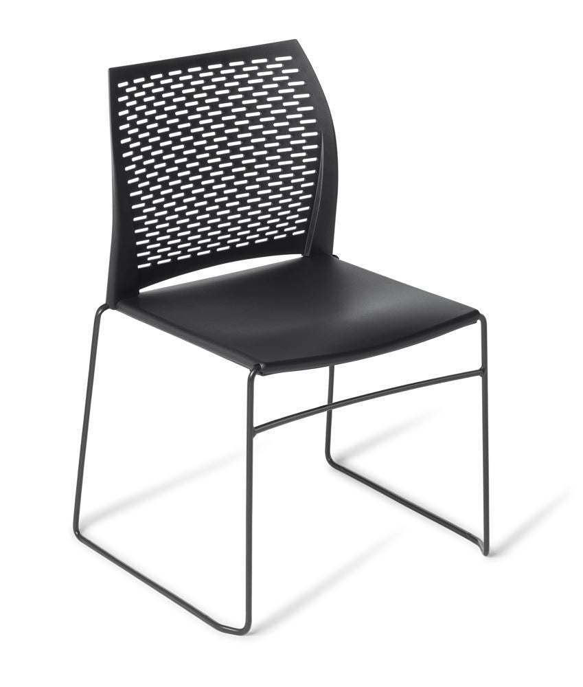 Stylish stackable meeting chair with black sled frame and perforated backrest, perfect for comfort in meetings or gatherings.