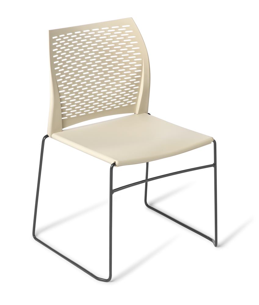 Stackable meeting chair in sand with black sled frame, featuring a sleek design and breathable perforated backrest.