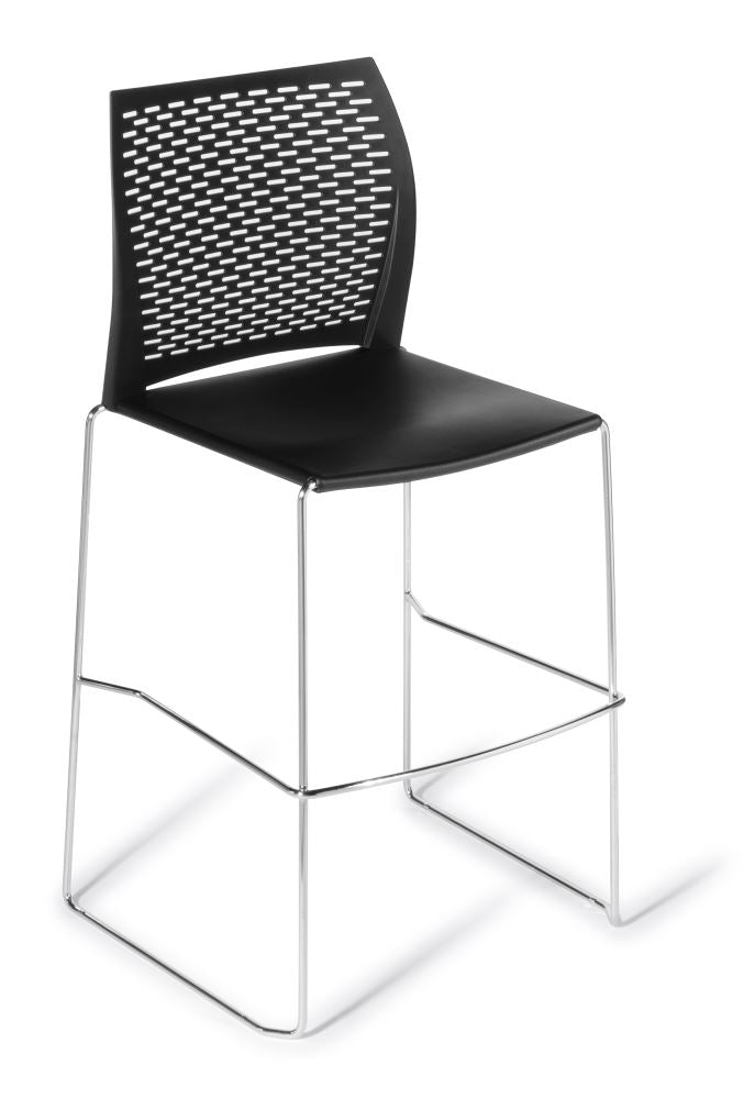 Sleek black bar stool with perforated backrest and sturdy sled frame, ideal for modern interiors and easy cleaning.