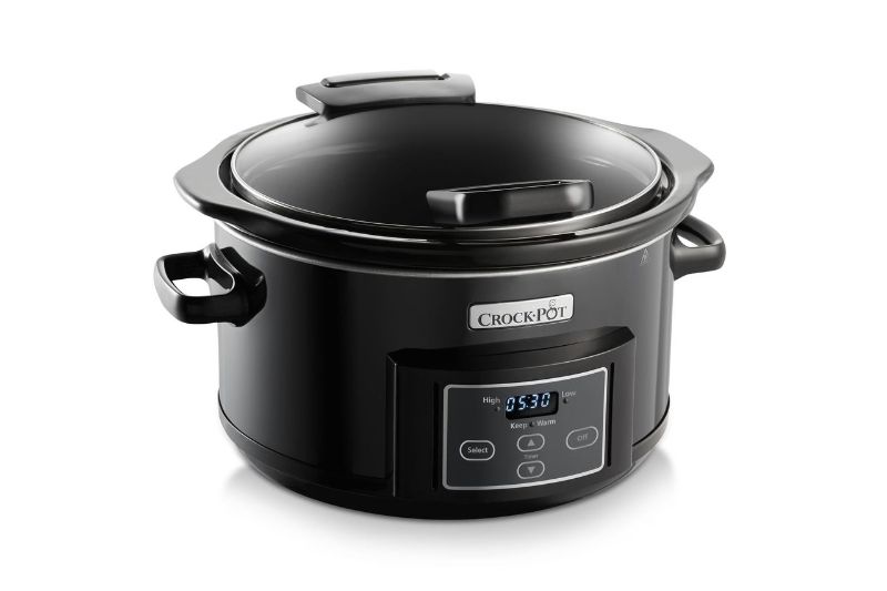 Sunbeam Crock Pot Cooker with hinged lid, 4.7L capacity, digital controls, and auto keep warm function for effortless meals.