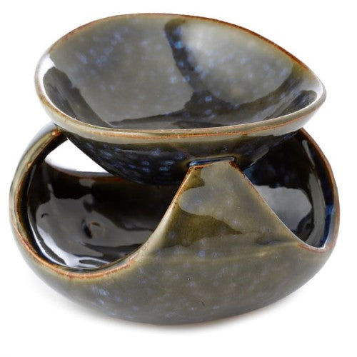 Abstract dark mottled ceramic oil burners, set of 2, 12.5cm wide, ideal for diffusing essential oils and enhancing ambiance.