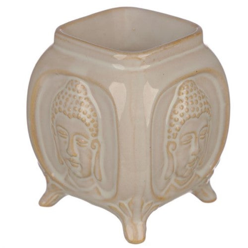 Set of 2 ceramic oil burners featuring embossed Buddha design, perfect for aromatherapy and home decor, measuring 10.5cm high.