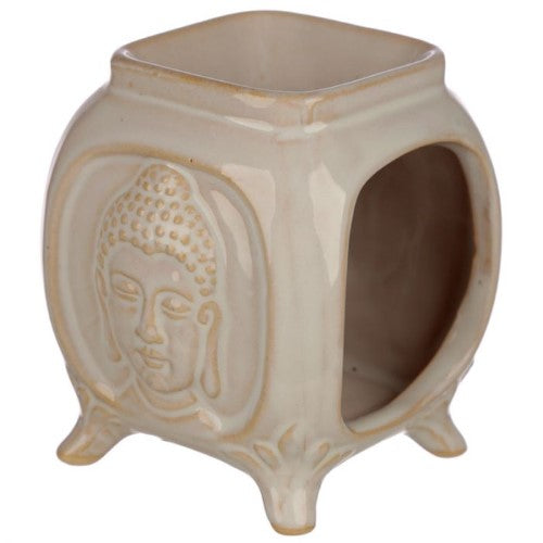 Ceramic oil burners featuring embossed Buddha designs, 10.5cm tall, perfect for aromatherapy and home decor. Set of 2.
