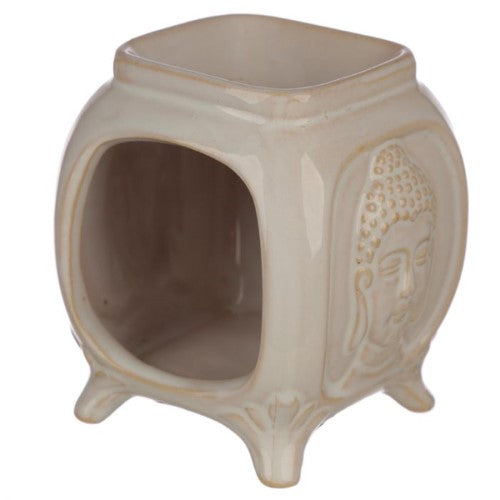 Set of 2 ceramic oil burners featuring embossed Buddha designs, ideal for aromatherapy and home decor, each 10.5cm tall.