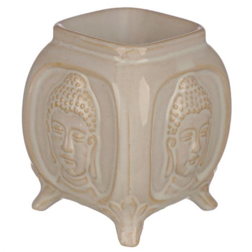 Ceramic oil burners featuring embossed Buddha designs, perfect for aromatherapy and decoration, measuring 10.5cm each, set of 2.