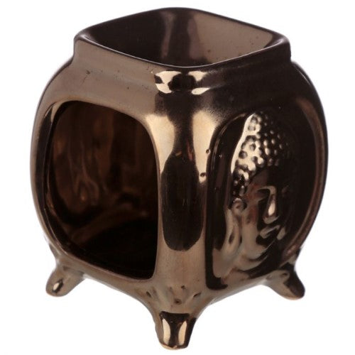 Ceramic oil burners featuring embossed Buddha designs, 10.5cm tall, perfect for relaxing aromatherapy and home decor.