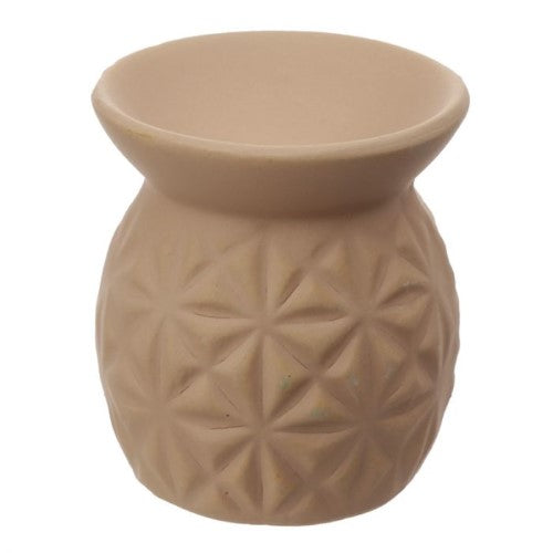 Ceramic oil burner with embossed triangle pattern, perfect for aromatherapy, measuring 7.5cm x 6.5cm x 6.5cm. Box of 20.