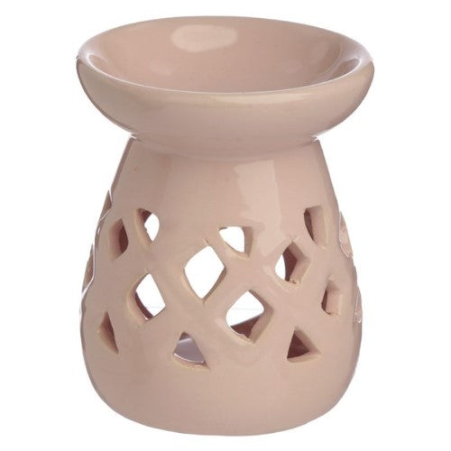 Set of 2 ceramic oil and wax burners with cut-out lattice design, perfect for cozying up any space with fragrance.