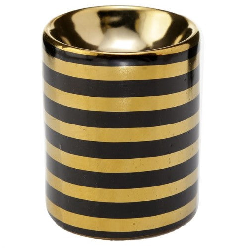 Elegant metallic gold stripe oil burner, crafted from ceramic, perfect for adding fragrance and style to any room.