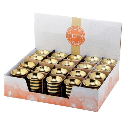 Elegant ceramic oil burner with metallic gold stripe, perfect for creating an aromatic ambiance, box of 20 assorted units.