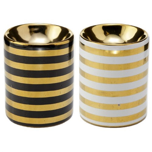 Elegant Eden Metallic Gold Stripe Oil Burner, ceramic, 8cm tall, ideal for aromatic ambiance, comes in a box of 20.